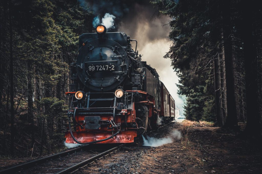 Historische Dampflok auf einer Strecke im Harz